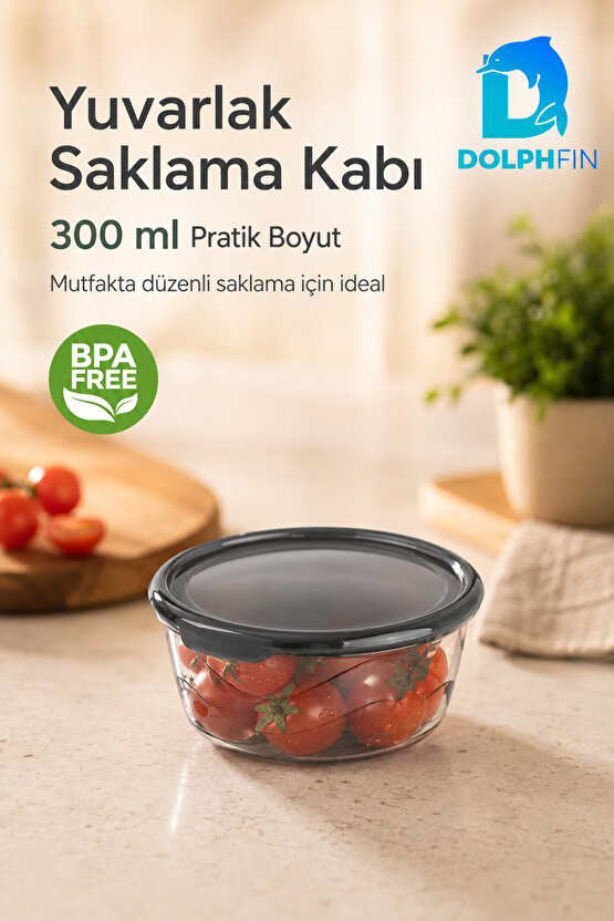Yuvarlak Saklama Kabı 300 ml 12,5x12,5x5 cm Şeffaf Siyah Kapaklı BPA İçermez