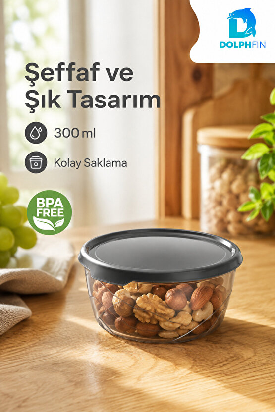 Yuvarlak Saklama Kabı 300 ml 12,5x12,5x5 cm Şeffaf Siyah Kapaklı BPA İçermez