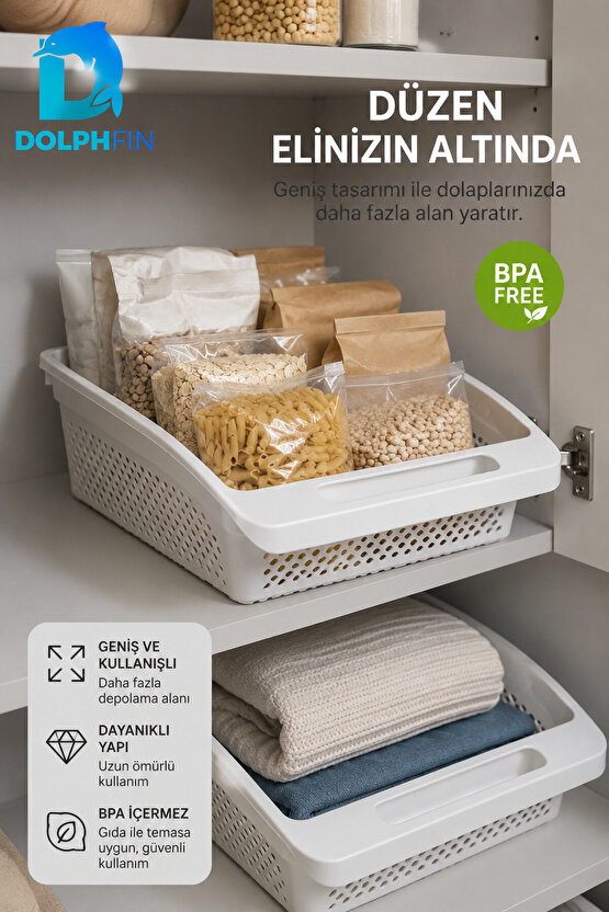 Geniş Dolap İçi Düzenleyici Sepet 30x27x9 cm Saplı Mutfak Kiler Banyo Organizeri