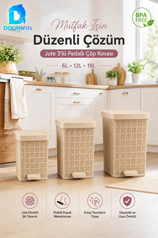 Jute 3’lü Pedallı Çöp Kovası Seti 6 L + 12 L + 18 L