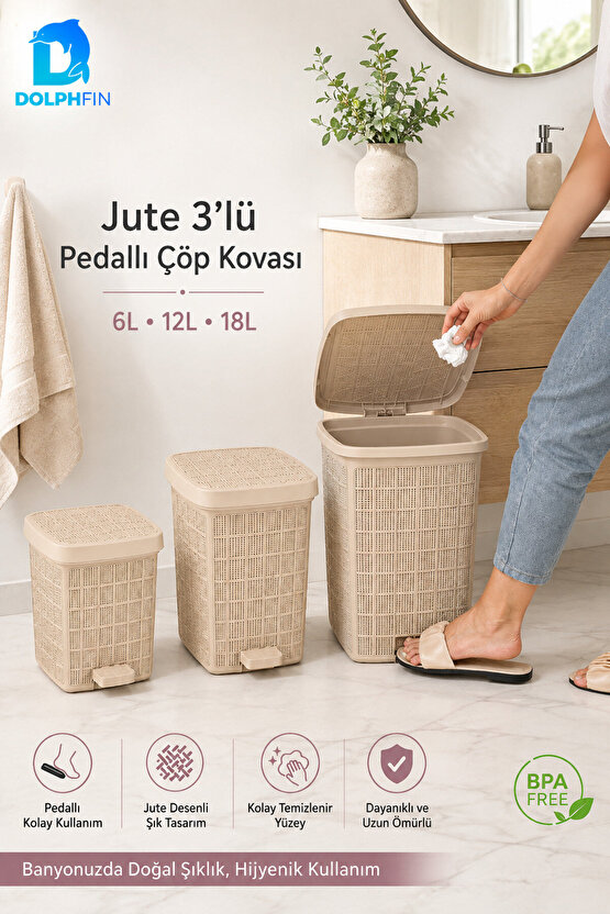 Jute 3’lü Pedallı Çöp Kovası Seti 6 L + 12 L + 18 L