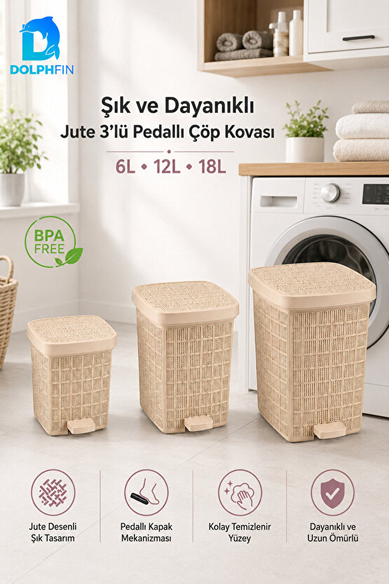 Jute 3’lü Pedallı Çöp Kovası Seti 6 L + 12 L + 18 L