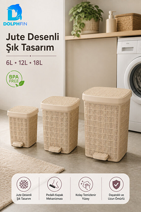 Jute 3’lü Pedallı Çöp Kovası Seti 6 L + 12 L + 18 L