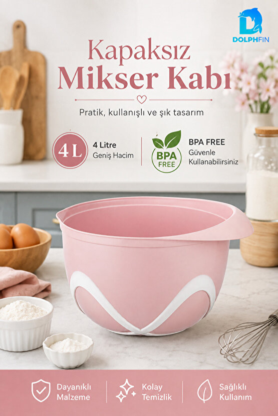 4 Litre Kapaksız Mikser Kabı Pembe BPA İçermez Hamur Yoğurma Karıştırma Çırpma Kabı