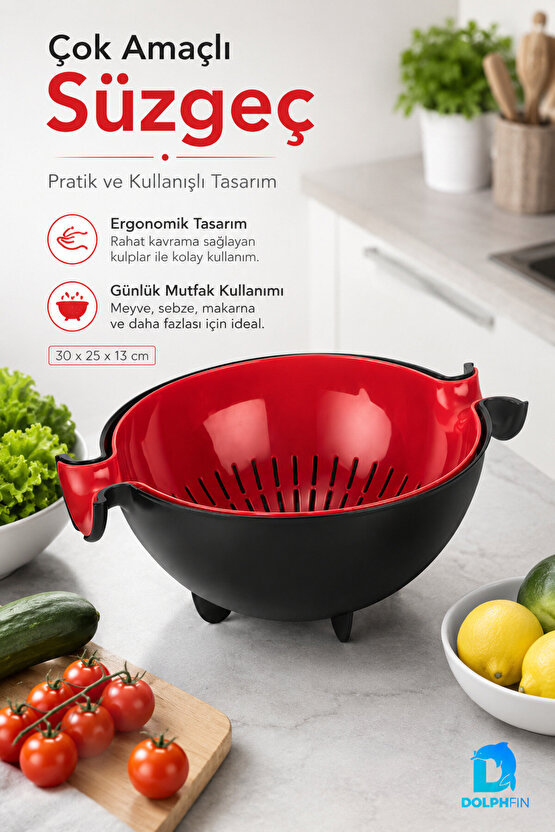 Çok Amaçlı Süzgeç ve Badya Seti 30x25x13 cm Sebze Meyve Makarna Süzme Kabı BPA İçermez