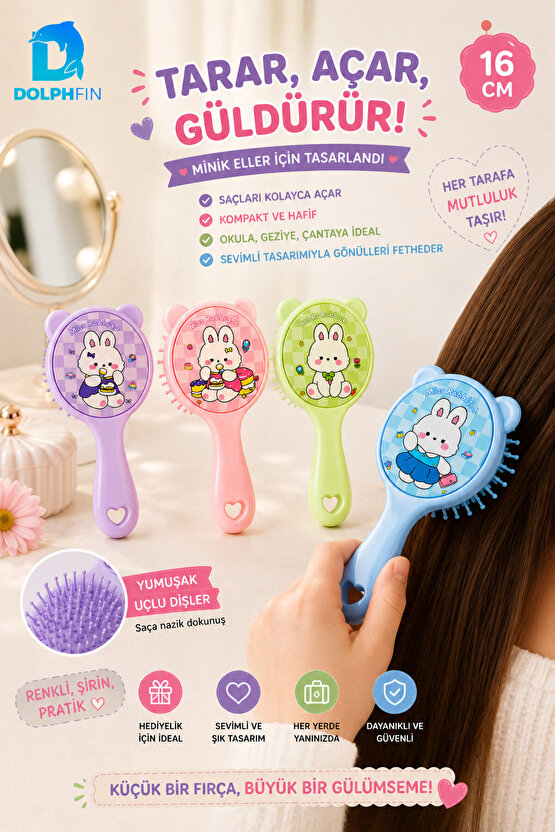 Tavşan Desenli Çocuk Saç Fırçası 16 cm Dolaşık Açıcı Tarak