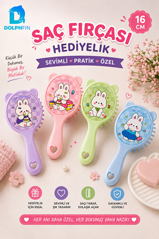 Tavşan Desenli Çocuk Saç Fırçası 16 cm Dolaşık Açıcı Tarak