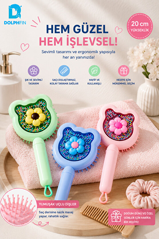 Çocuk Saç Fırçası 20 cm Çiçekli Boncuklu Dolaşık Açıcı Tarak