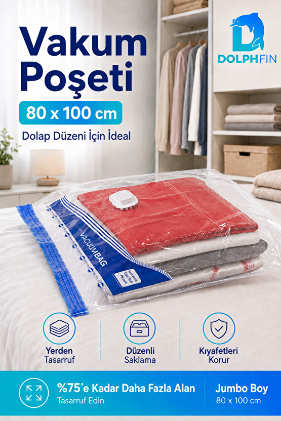Vakumlu Poşet 80x100 cm Battal Boy Yorgan Battaniye Hurç Giysi Saklama Torbası 1 Adet