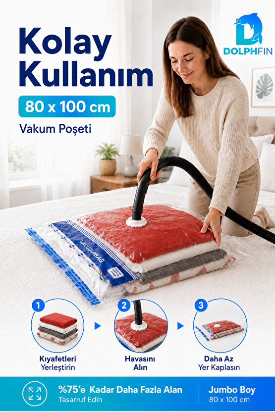 Vakumlu Poşet 80x100 cm Battal Boy Yorgan Battaniye Hurç Giysi Saklama Torbası 1 Adet