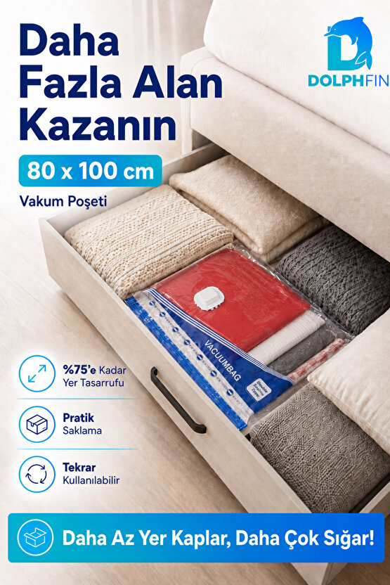 Vakumlu Poşet 80x100 cm Battal Boy Yorgan Battaniye Hurç Giysi Saklama Torbası 1 Adet