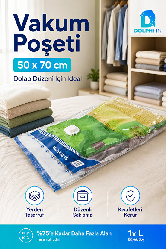 Vakumlu Poşet 50x70 cm L Boy Yorgan Battaniye Hurç Giysi Saklama Torbası 1 Adet