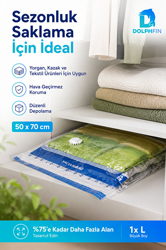 Vakumlu Poşet 50x70 cm L Boy Yorgan Battaniye Hurç Giysi Saklama Torbası 1 Adet