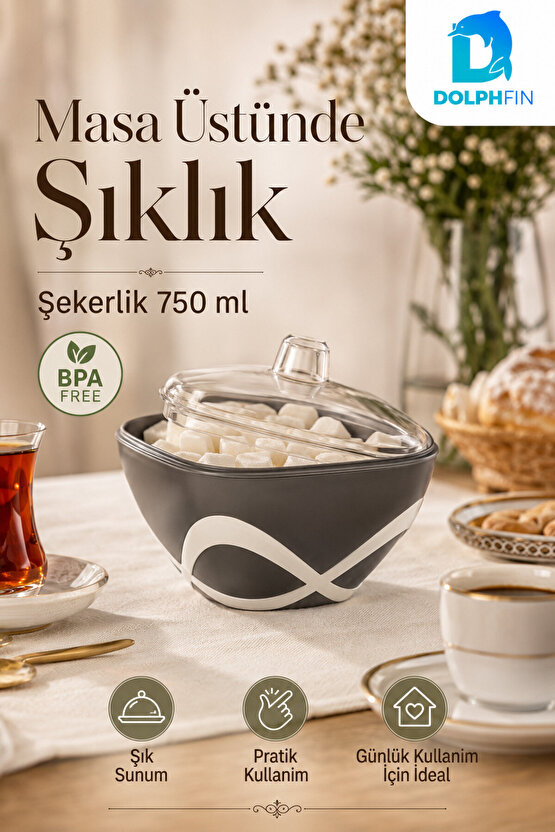 DolpFin 750 ml Kapaklı Şekerlik Siyah Beyaz Masaüstü Toz ve Küp Şeker Kabı BPA İçermez
