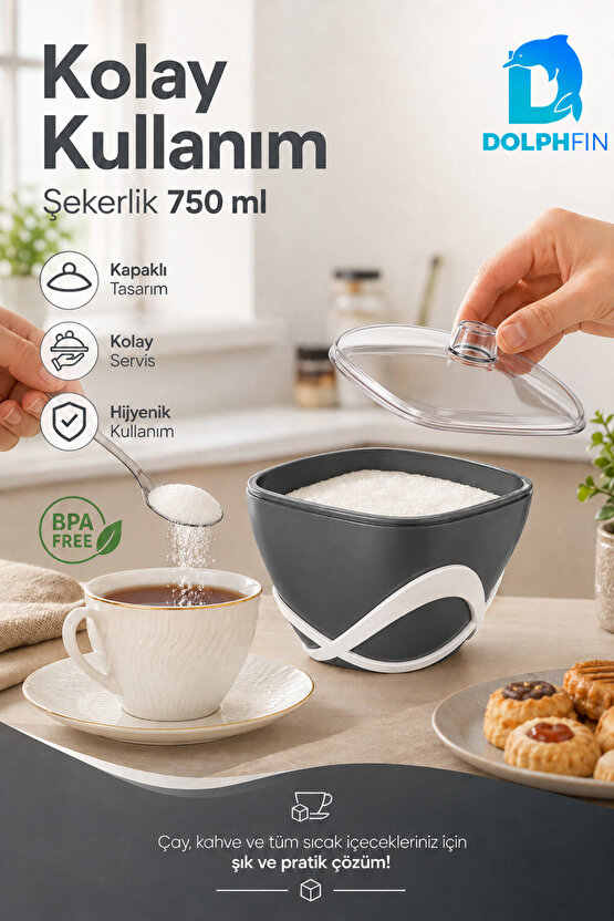DolpFin 750 ml Kapaklı Şekerlik Siyah Beyaz Masaüstü Toz ve Küp Şeker Kabı BPA İçermez