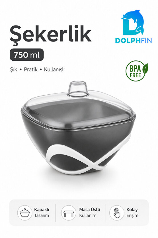 DolpFin 750 ml Kapaklı Şekerlik Siyah Beyaz Masaüstü Toz ve Küp Şeker Kabı BPA İçermez