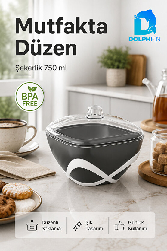 DolpFin 750 ml Kapaklı Şekerlik Siyah Beyaz Masaüstü Toz ve Küp Şeker Kabı BPA İçermez
