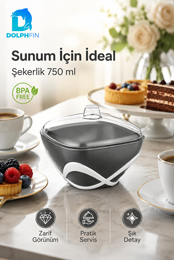 DolpFin 750 ml Kapaklı Şekerlik Siyah Beyaz Masaüstü Toz ve Küp Şeker Kabı BPA İçermez