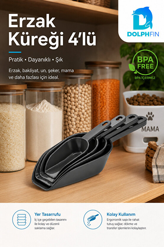 4lü Erzak Küreği Seti Bakliyat Un Şeker Mama Ölçü ve Aktarma Küreği Siyah BPA İçermez