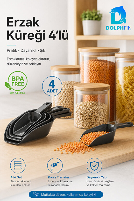 4lü Erzak Küreği Seti Bakliyat Un Şeker Mama Ölçü ve Aktarma Küreği Siyah BPA İçermez