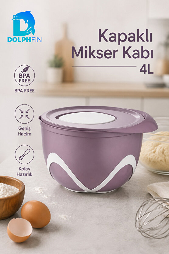 4 Litre Kapaklı Mikser Kabı BPA İçermez Sıçratma Önleyici Hamur Yoğurma Kabı