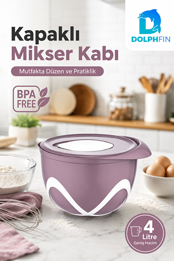 4 Litre Kapaklı Mikser Kabı BPA İçermez Sıçratma Önleyici Hamur Yoğurma Kabı