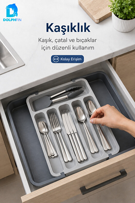 Sürgülü Ayarlanabilir Kaşıklık 34-54 cm Çekmece İçi Bölmeli Çatal Kaşık Mutfak Organizeri