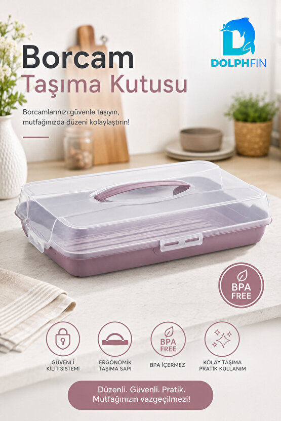 Kapaklı Borcam Taşıma Kutusu Kilitli Saplı Kek Börek Pasta ve Fırın Kabı Taşıma Kabı