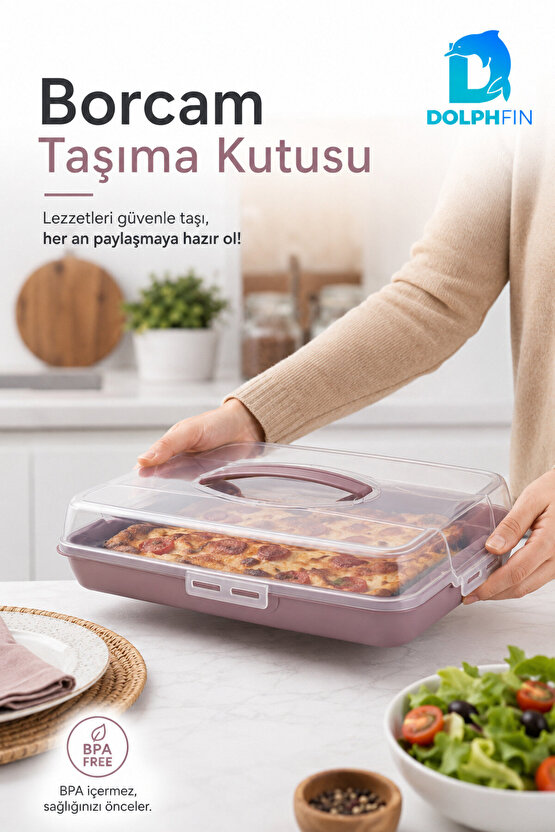 Kapaklı Borcam Taşıma Kutusu Kilitli Saplı Kek Börek Pasta ve Fırın Kabı Taşıma Kabı