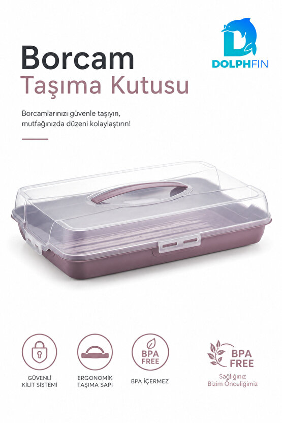 Kapaklı Borcam Taşıma Kutusu Kilitli Saplı Kek Börek Pasta ve Fırın Kabı Taşıma Kabı