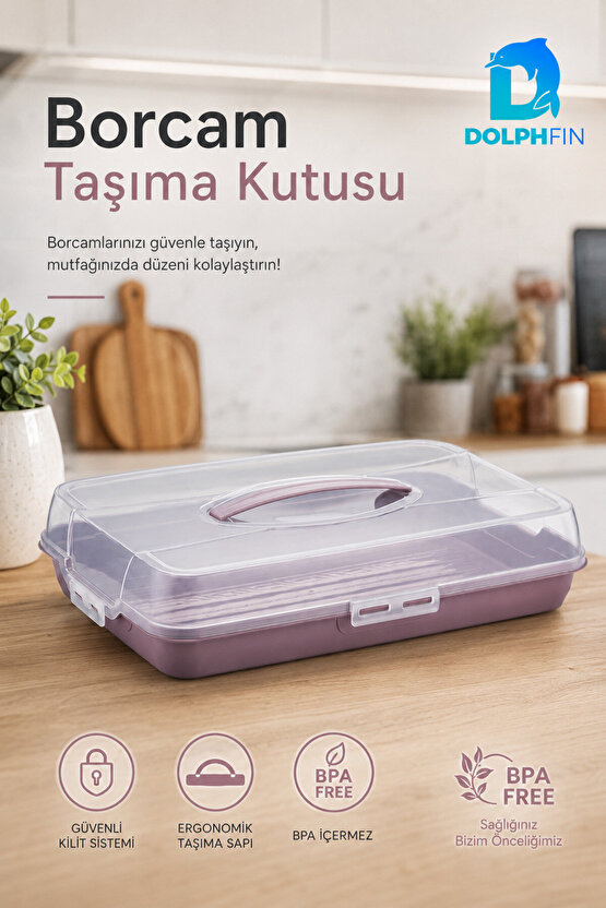 Kapaklı Borcam Taşıma Kutusu Kilitli Saplı Kek Börek Pasta ve Fırın Kabı Taşıma Kabı