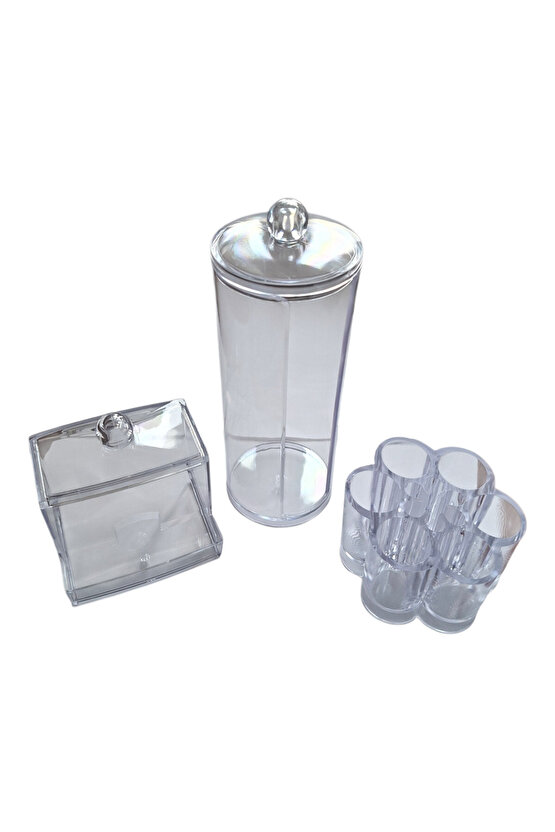 3 Parça Kapaklı Pamuk, Ruj, Makyaj Organizer Set