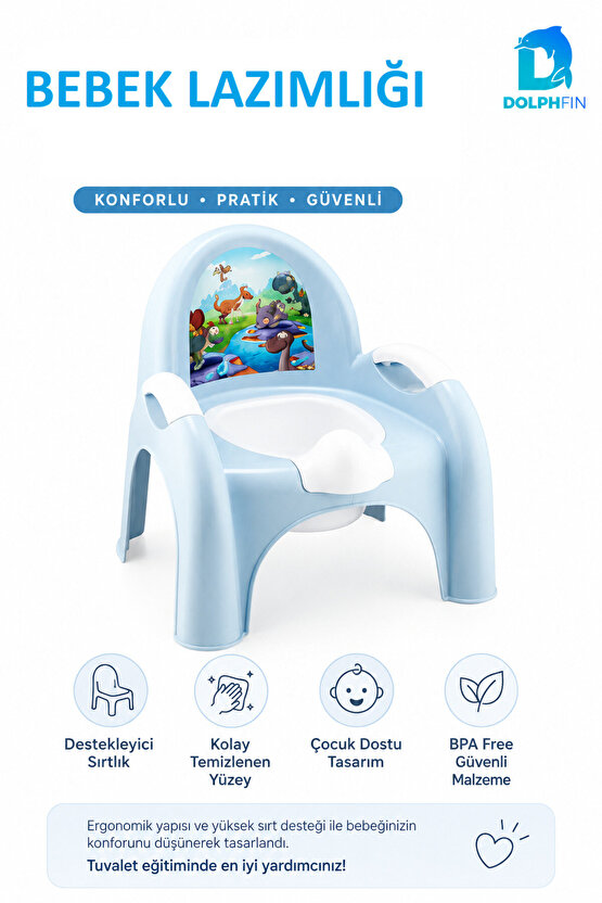 Baby Potty Bebek Lazımlığı Sırt Destekli BPA Free Mavi Tuvalet Eğitim Sandalyesi