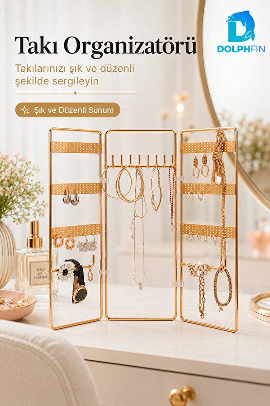 3 Kanatlı Katlanabilir Takı Organizeri Küpe Kolye Bileklik Standı Gold