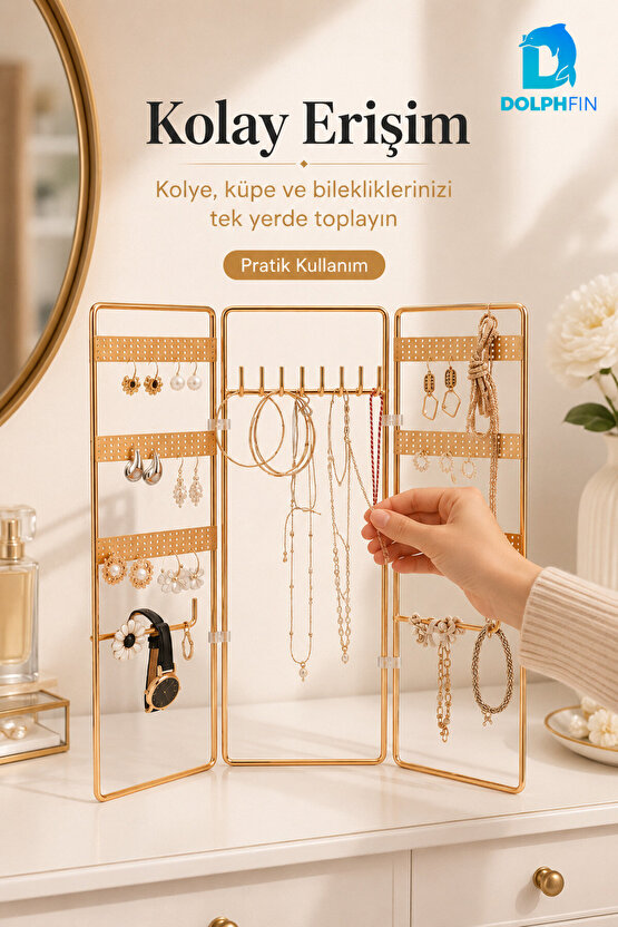 3 Kanatlı Katlanabilir Takı Organizeri Küpe Kolye Bileklik Standı Gold