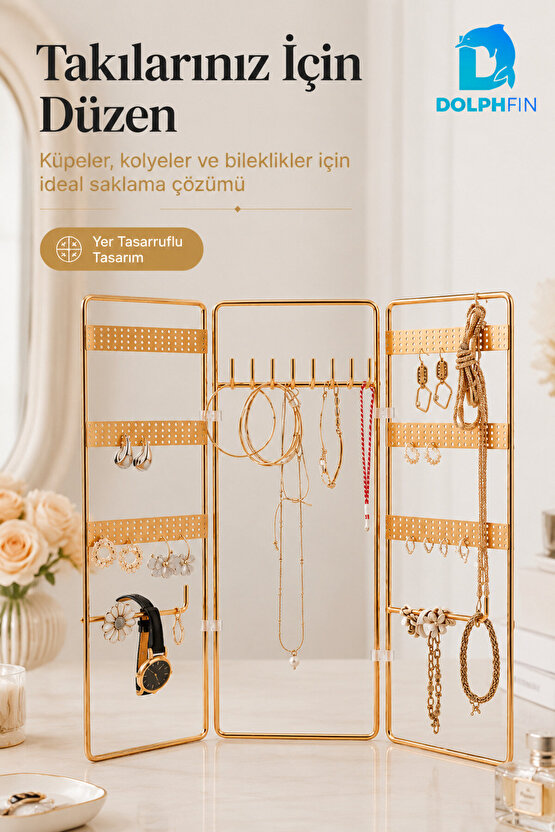 3 Kanatlı Katlanabilir Takı Organizeri Küpe Kolye Bileklik Standı Gold