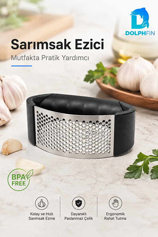 Paslanmaz Çelik Sarımsak Ezici Ergonomik Siyah Saplı Pratik Sarımsak Presi