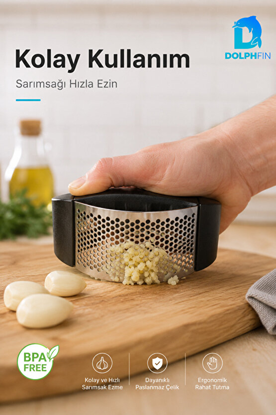 Paslanmaz Çelik Sarımsak Ezici Ergonomik Siyah Saplı Pratik Sarımsak Presi