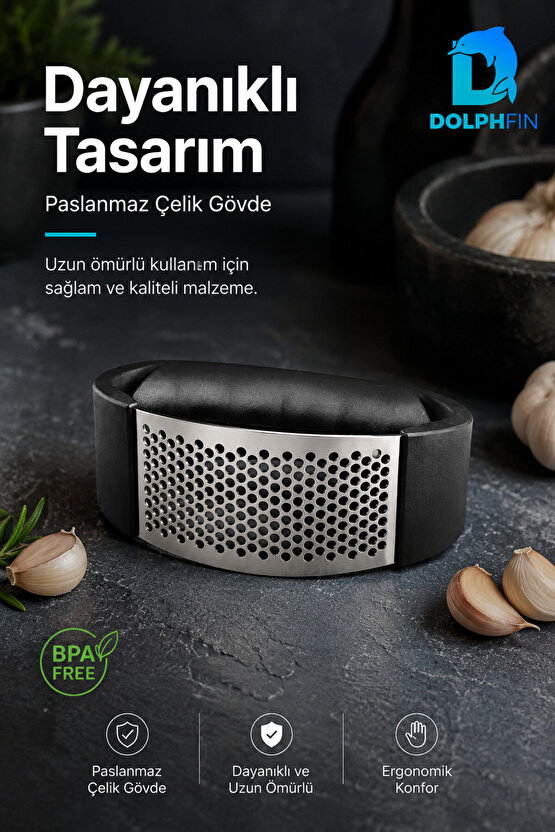 Paslanmaz Çelik Sarımsak Ezici Ergonomik Siyah Saplı Pratik Sarımsak Presi