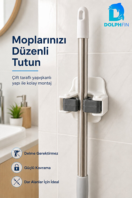 Yapışkanlı Mop ve Süpürge Tutucu Duvara Monte Kaydırmaz Rulolu Organizer