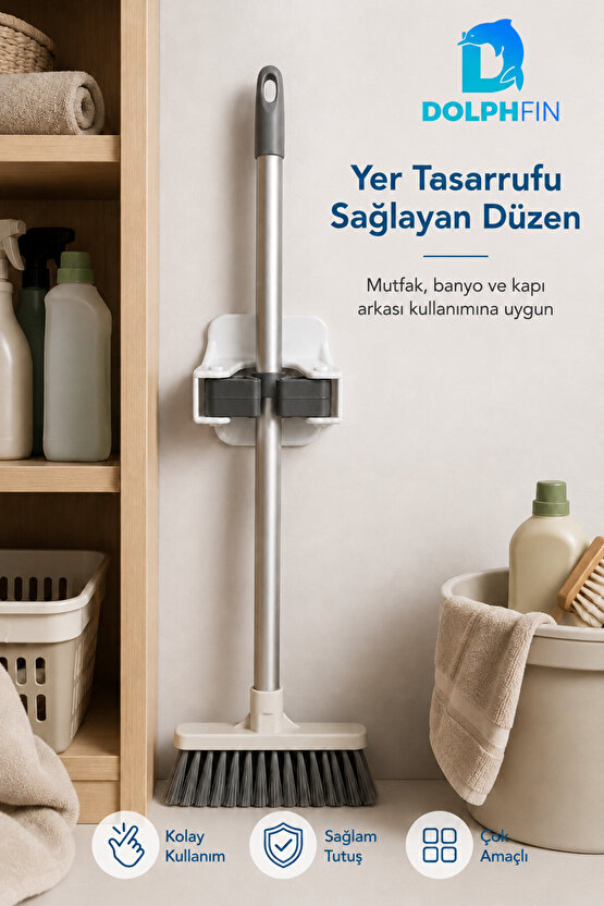 Yapışkanlı Mop ve Süpürge Tutucu Duvara Monte Kaydırmaz Rulolu Organizer