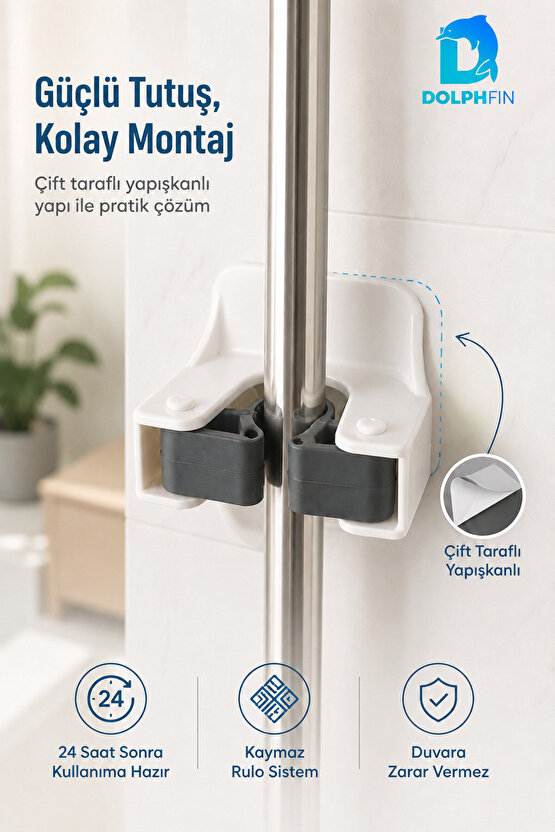 Yapışkanlı Mop ve Süpürge Tutucu Duvara Monte Kaydırmaz Rulolu Organizer