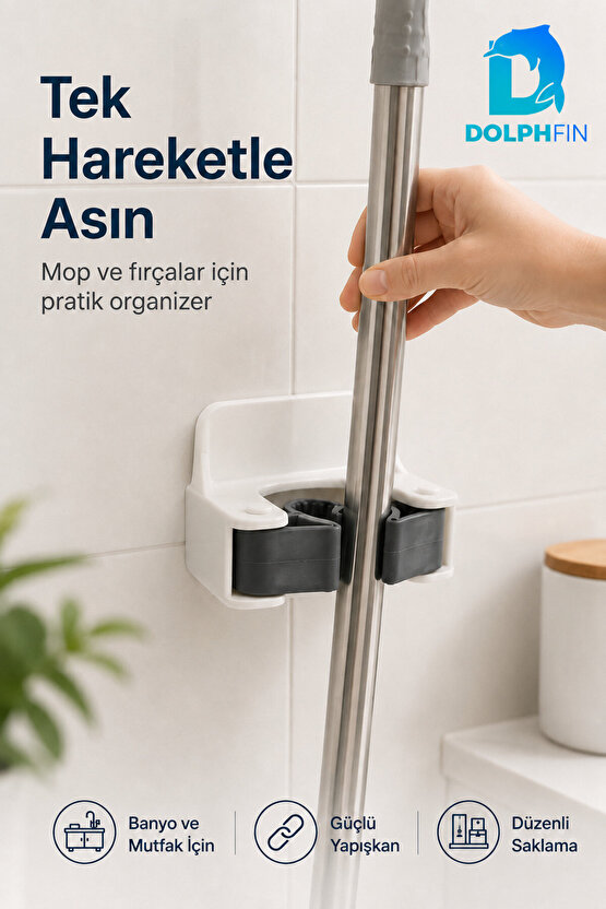 Yapışkanlı Mop ve Süpürge Tutucu Duvara Monte Kaydırmaz Rulolu Organizer