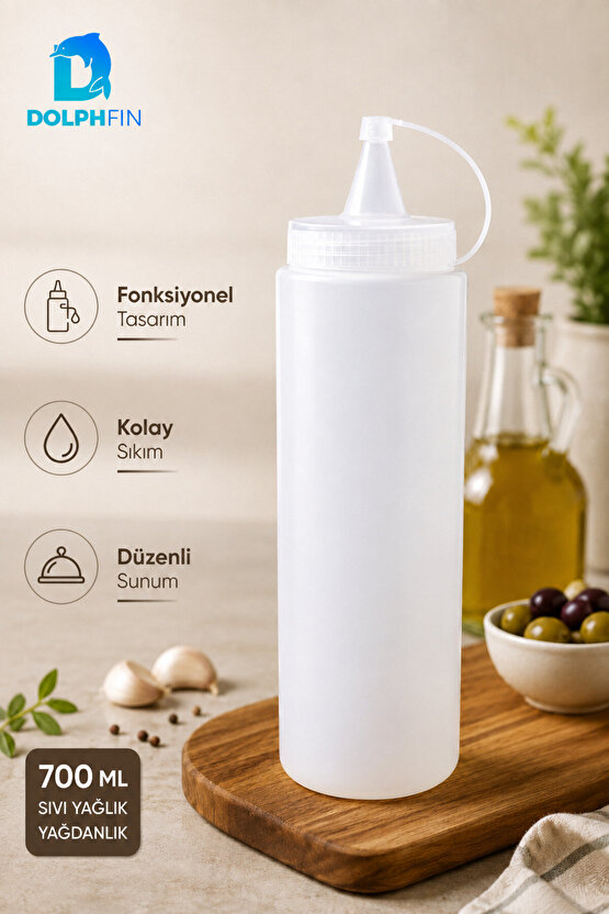 700 ml Sıkılabilir Yağdanlık İnce Uçlu Sos Şişesi Beyaz Kontrollü Akış