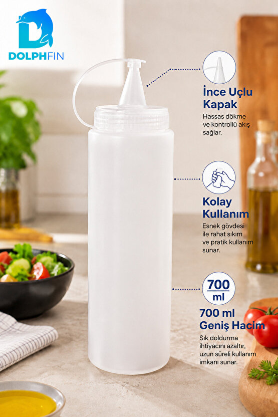 700 ml Sıkılabilir Yağdanlık İnce Uçlu Sos Şişesi Beyaz Kontrollü Akış