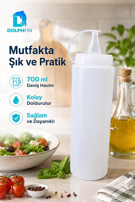 700 ml Sıkılabilir Yağdanlık İnce Uçlu Sos Şişesi Beyaz Kontrollü Akış