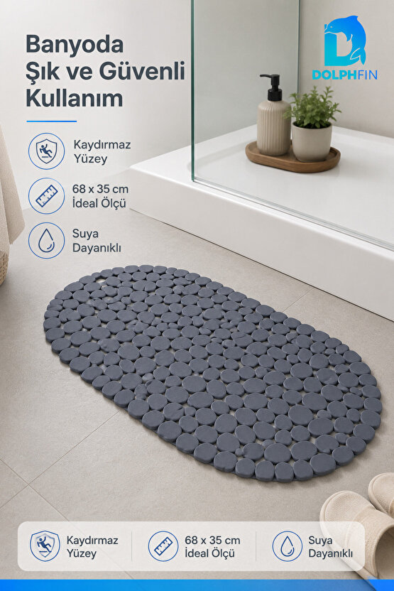 Silikon Kaydırmaz Banyo Paspası 68x35 cm Taş Desenli Gri Duş Önü Matı