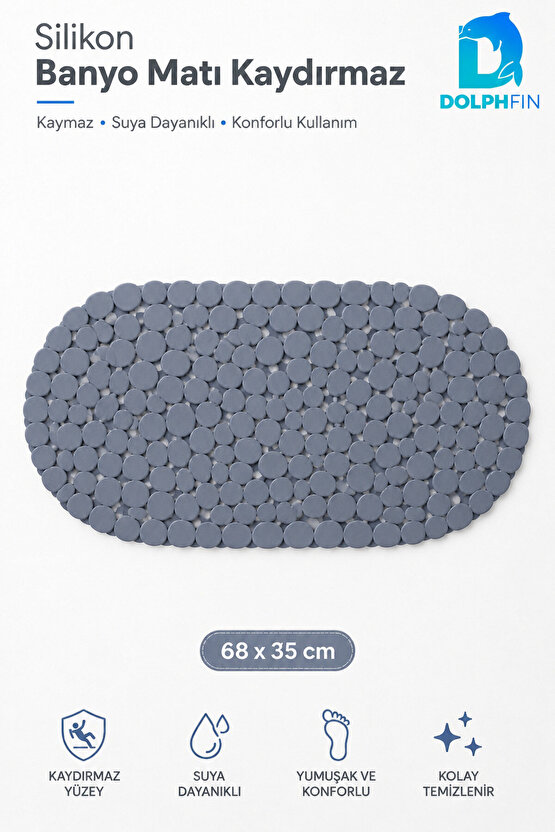 Silikon Kaydırmaz Banyo Paspası 68x35 cm Taş Desenli Gri Duş Önü Matı