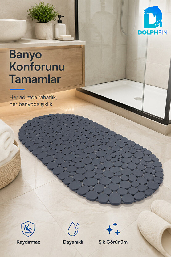 Silikon Kaydırmaz Banyo Paspası 68x35 cm Taş Desenli Gri Duş Önü Matı