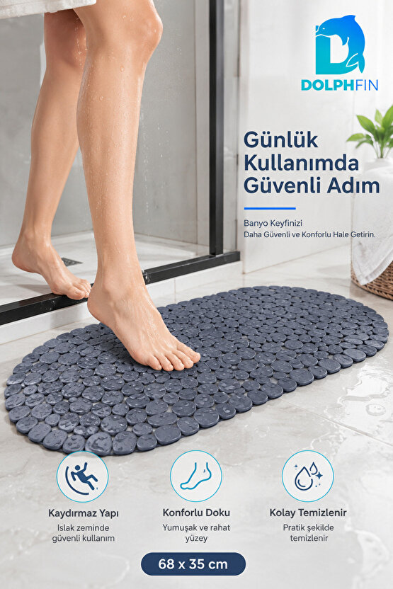 Silikon Kaydırmaz Banyo Paspası 68x35 cm Taş Desenli Gri Duş Önü Matı